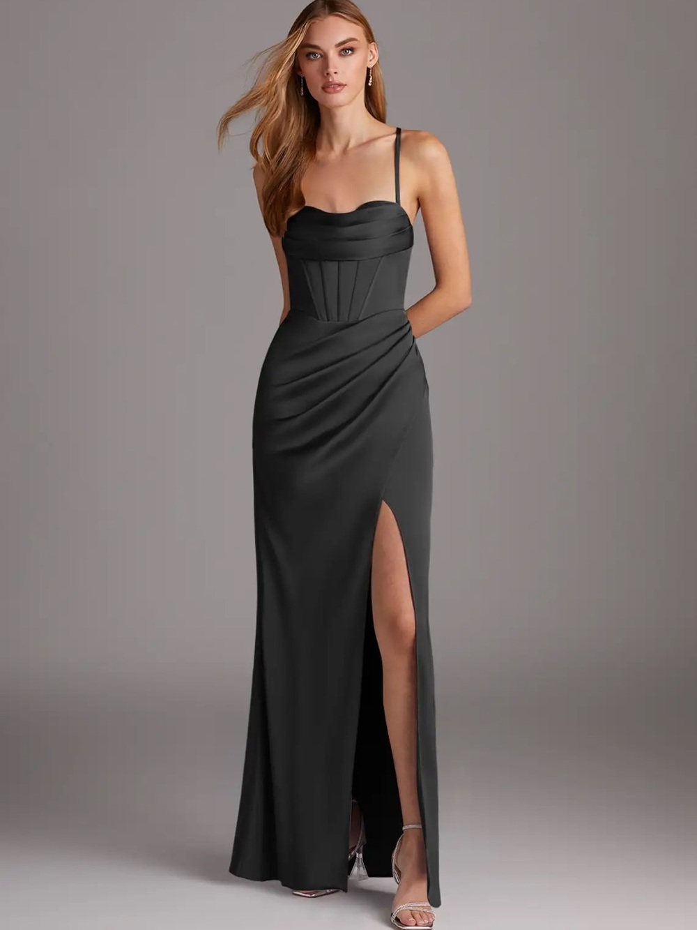 NWT Azazie Brookelle Black Satin Corset Maxi Dress A4 / Small